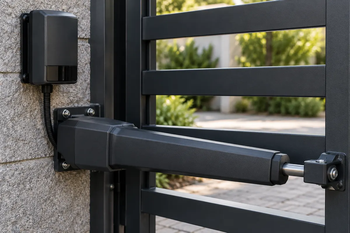 Detalle ilustrativo de automatización y seguridad de un portón residencial